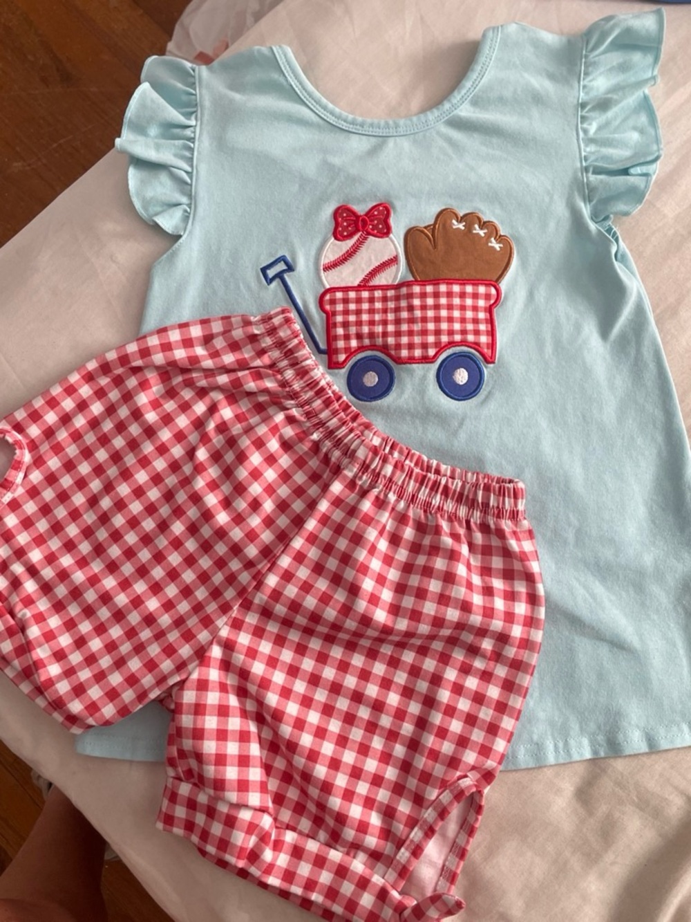 Kids Matching Set - Light Blue Top & Red Gingham Shorts